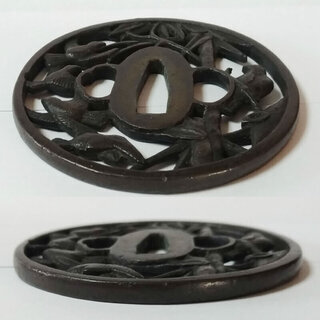 c629 刀の鍔 銅製 銅鍔 透かし 透鍔 透鐔 日本刀の鍔 武具 木箱入り