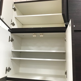 駅近】レンジボード ニトリ3枚扉 上棚付き ダークブラウン【トレファク 