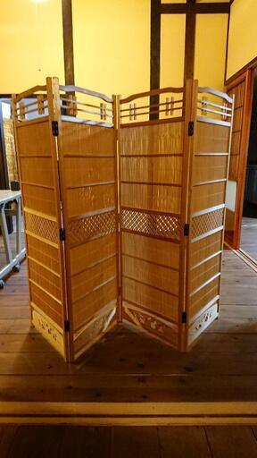 木製 竹製 衝立 竹簾屏風 パーテーション 4連 (ゴールド) 丸亀の家具の 