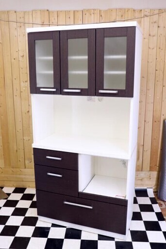 ⑥レンジボード　食器棚　885×420×1800　ブラック＆ホワイト　キッチンボード　２分割可能　配達可能　住まい　キッチン　新生活