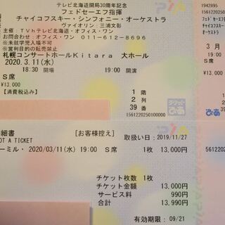 3月11日(水曜日) 札幌Kitara S席チケット フェドセーエフ指揮