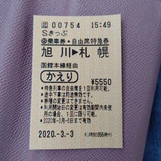 本日のみ有効　JRＳキップ旭川→札幌