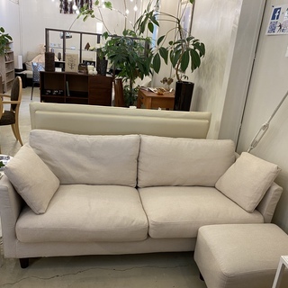 ニトリ ソファー 3人掛け オットマン付き 白系 布製 中古品 【在庫有