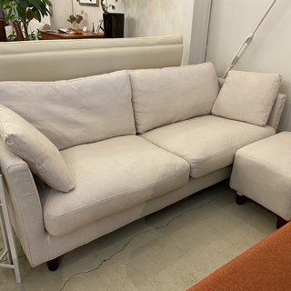 ニトリ ソファー 3人掛け オットマン付き 白系 布製 中古品