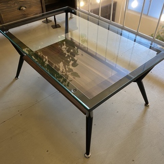 コーヒーテーブル センターテーブル 黒×茶 ガラス天板 中古品 