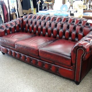 美品 英国アンティーク調 チェスターフィールド 3シーター 合革レザーソファ ブラウン W200×D92×h76.5cm