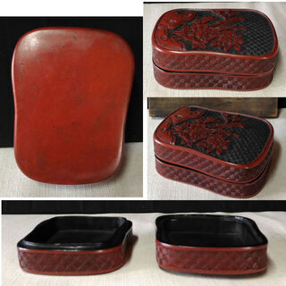 c635 堆朱 硯箱 小箱 彫刻 小物入 書箱 煙草入 文箱 木製 漆器