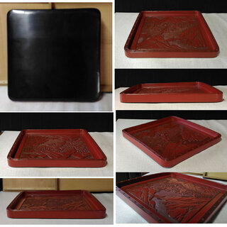 c648 堆朱 角盆 盆 飾り盆 香盆 漆塗 木製 彫刻 漆器 時代 木箱入り