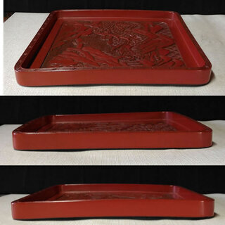 c648 堆朱 角盆 盆 飾り盆 香盆 漆塗 木製 彫刻 漆器 時代 木箱入り