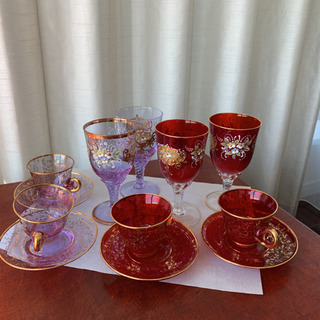 ベネチアングラス、カップ&ソーサー 豪華8客セット-最後のお
