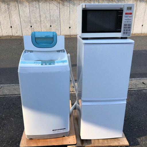 お買い得生活家電セット⑦✨SHARP ２ドア冷蔵庫・日立　5㎏洗濯機・SANYO 電子レンジ✨配達設置可能✨❕他にも家電セット販売中❕