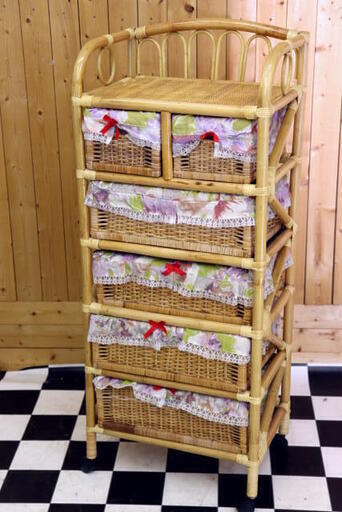 籐製 ランドリーチェスト ランドリーラック 5段 幅64cm キャスター
