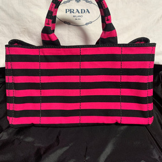 ◆PRADA◆ プラダ カナパ　ピンクとブラックのストライプ　キャンバストート