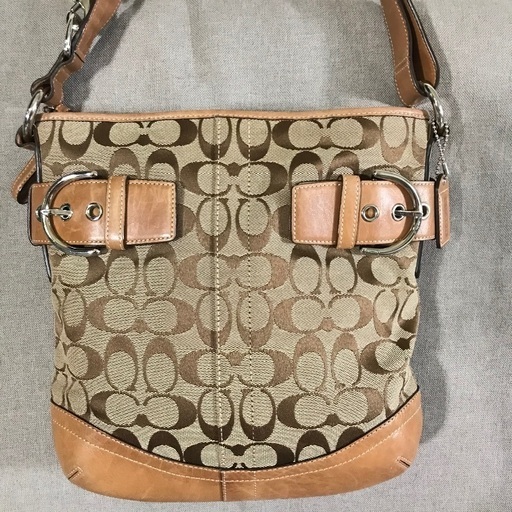 COACH コーチ キャメルブラウンレザー×シグネチャー 斜めがけ クロスボディ2wayショルダーバッグ