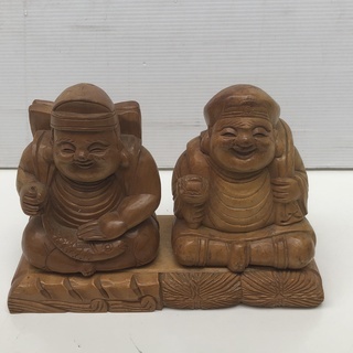 古い木彫 彫刻2個 　大黒様と恵比寿様の一刀彫り　仏教美術 中国...