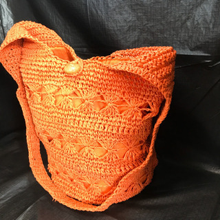 新品 夏 編みバッグ　手編み風 オレンジ 海 トートバッグ