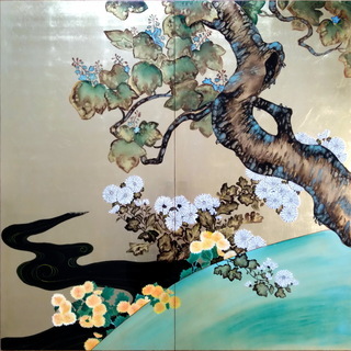 漆(うるし)で制作した日本画　金箔仕様　酒井抱一の名作「桐菊流水...