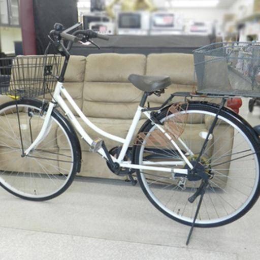 27インチ 自転車 シティサイクル 6段切替 鍵なし ホワイト カゴ付き