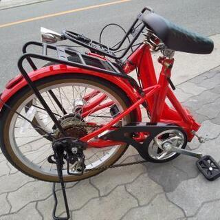 ♪ジモティー特価♪赤い２０型中古折り畳み自転車　シマノ外装6段変速・ＬＥＤオートライト・両立スタンド・リヤキャリア付き ♪ジモティー特価♪赤い20型中古折り畳み自転車 シマノ外装6段変速