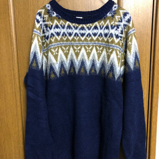 柄ニット セーター L 紺色