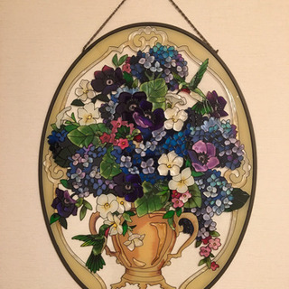 ステンドグラス　壁掛け（楕円）ビオラ、紫陽花柄