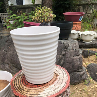 陶器植木鉢　プランター　白　波模様3個