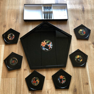 会津漆器　黒塗り　菓子盆と小皿のセット小皿6枚