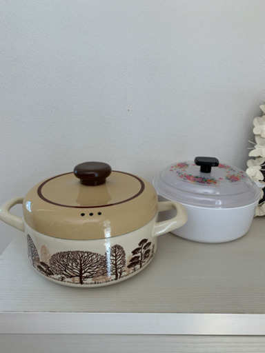 新品・未使用・デッドストック　昭和レトロ　北欧柄　ホーロー鍋＆レトロ花柄プラ鍋