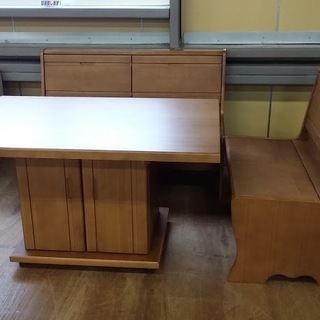 【店舗同時販売中】　木製収納付ベンチダイニング3点セット（コーナーなし）