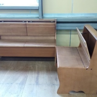 【店舗同時販売中】　木製収納付ベンチダイニング3点セット（コーナーなし）