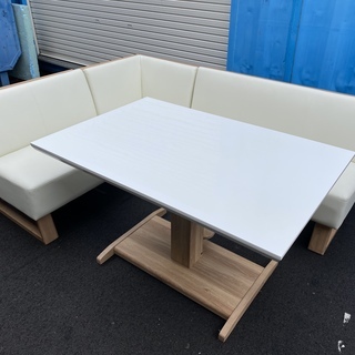 シギヤマ家具 リビングダイニングテーブルセット 昇降式テーブル ソファ ベンチ 4点セット 白×ナチュラル 中古品