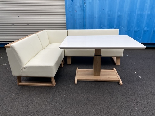 シギヤマ家具 リビングダイニングテーブルセット 昇降式テーブル ソファ ベンチ 4点セット 白×ナチュラル 品