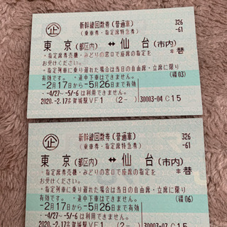 東京→仙台　新幹線往復切符