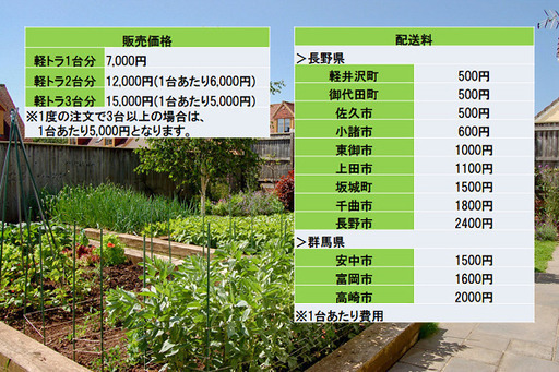家庭菜園・敷均し材用バーク堆肥(木片チップ)の配達販売/軽トラ1 家庭菜園・敷均し材用バーク堆肥(木片チップ)の配達販売/軽トラ1