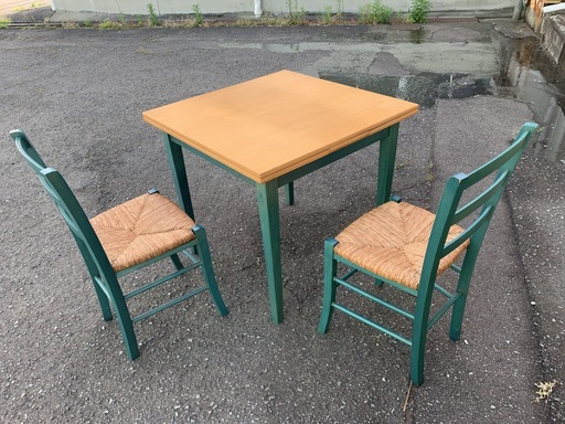 アンティーク ダイニングテーブル3点セット 伸縮式テーブル ＋ 椅子2脚 木製 グリーン系 レトロ 中古 E