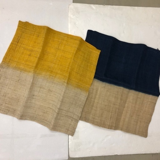 【未使用】麻100% 涼しげでしっかりとした生地 50×50  藍色、黄色グラディエーションのカバー2枚セット