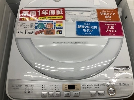 1年保証付き！洗濯機　SHARP 6.0kg 2019年製　ES-GE6C