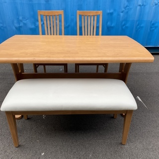 ダイニングテーブルセット テーブル ベンチ チェア 4点セット 茶 中古品