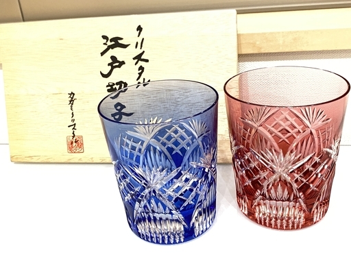 江戸切子 カガミクリスタル(Kagami) ペア ロックグラス 冷酒杯　赤青 240cc 笹っ葉に斜格子紋