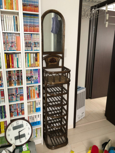 ꧁籐家具꧂ミラー付ラタンスリッパラック シューズ 靴 鏡 玄関収納 昭和レトロ 籐家具꧂ミラー付ラタンスリッパラック シューズ 靴 鏡 玄関収納 昭和