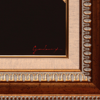 私が描いた油絵です。●『金の背景の太陽と発展黒富士』●がんどうあつし絵画肉筆油絵開運富士山風水秘密運