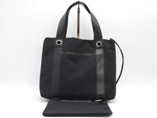 《BVLGARI/ロゴマニア ハンドバッグ》ABランク ポーチ付 ブラック 美品