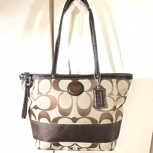 COACH コーチ 茶レザー×シグネチャー 肩かけショルダー ジップトートバッグ