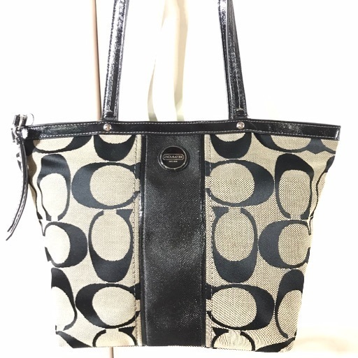 COACH コーチ 黒レザー×シグネチャー 肩かけショルダー ジップトートバッグ