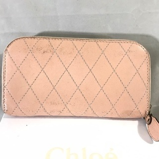 クロエ ピンクラムレザー ラウンドファスナー長財布 ワイルドステッチ