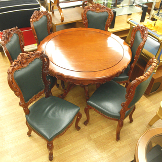 アンティーク調 4人掛け ダイニングセット 円卓 ラウンドテーブル チェア 6脚 7点セット 6人掛け としても使用可能 札幌 豊平区　西岡