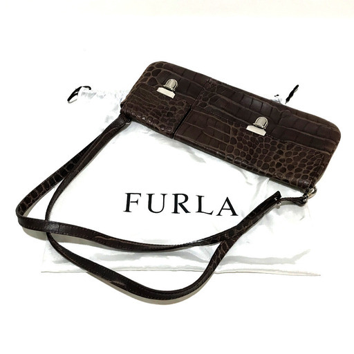 FURLA フルラ ショルダーバッグ クロコ型押し 2WAY クラッチバッグ レザー ブラウン系