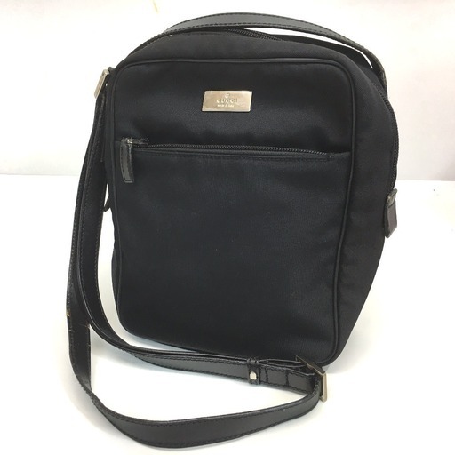 GUCCI グッチ 018・1612 メンズ レディース シルバープレート ショルダーバッグ ナイロン×レザー ブラック　ポシェット
