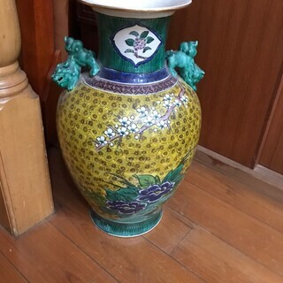  九谷焼 花瓶 廣仙作 大型 置物 壷 梅 獅子
