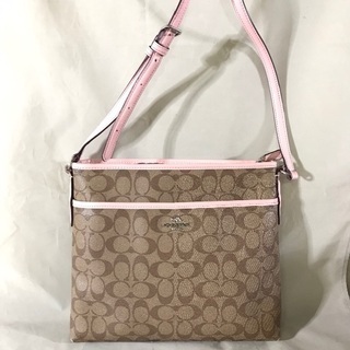 COACH コーチ ピンクレザー×PVCシグネチャー 斜めがけシ...